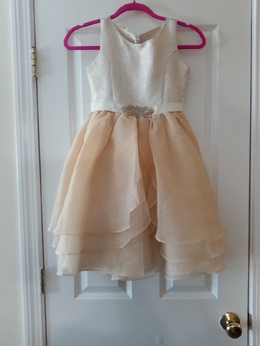 BLUSH  Girls' Ivory and Blush Layered Party Dress with Sparkle Waist SIZE 12